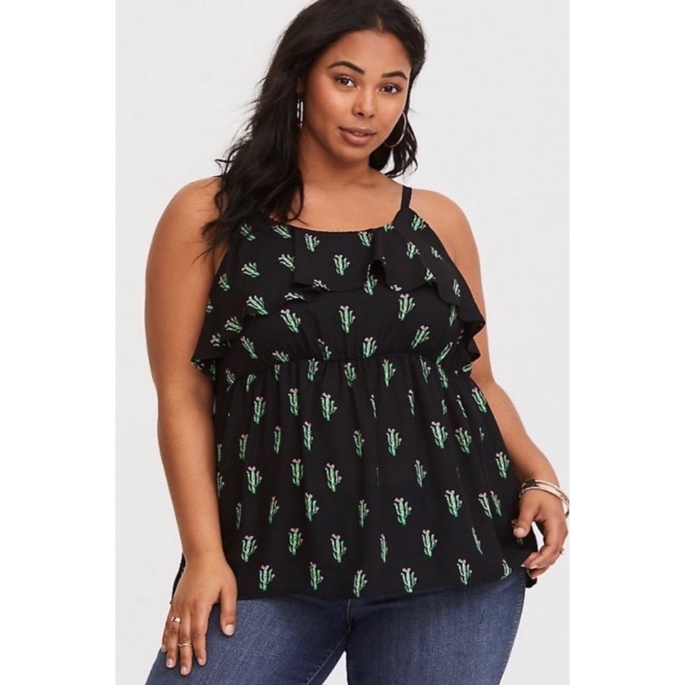 Torrid Black Cactus Print Ruffle‎ Spaghetti Strap Cami Top Womens Size 00